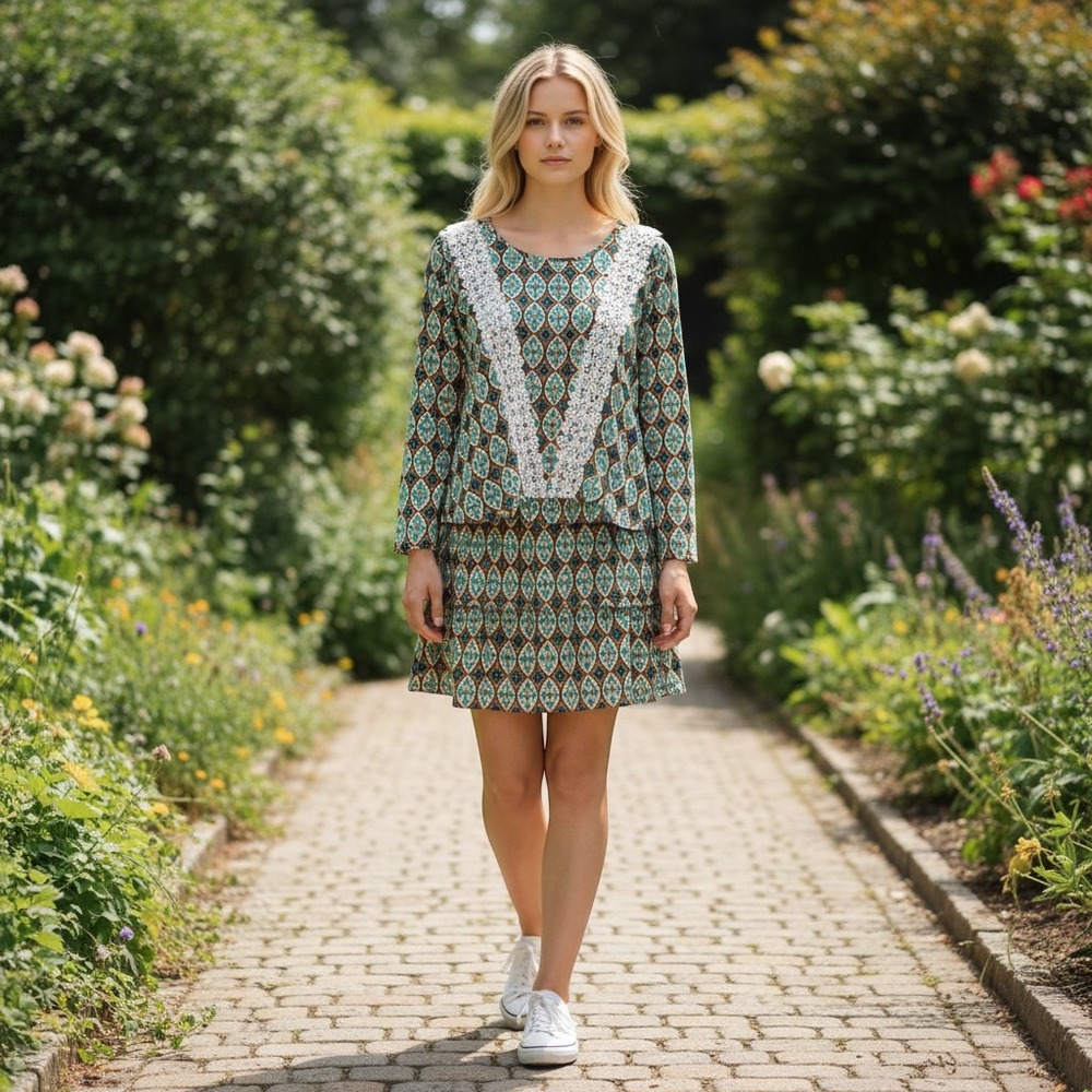 Maggy London Teal, Cream & Black Geometric Lace-Trim Tunic